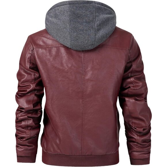 Mens Wine Red 1 Faux Leather Removable Hood Motorcycle Casual Warm Winter Jacket - Picture 4 of 9